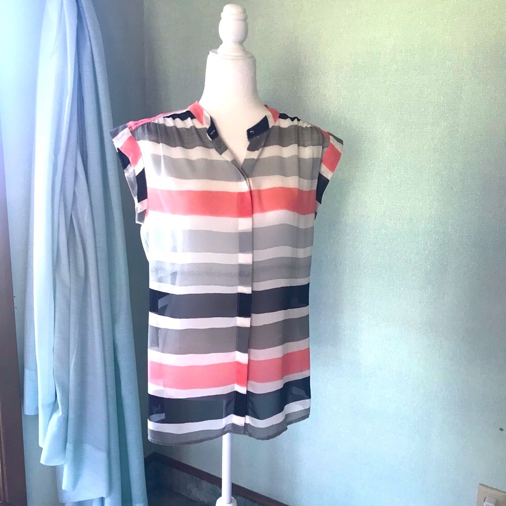 LIZ CLAIBORNE Striped Sleeveless Blouse, Coral, Navy, White Shirt, Sheer